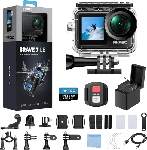 AKASO Brave 7 LE 4K30fps Cámara de acción con 64 GB MicroSDXC U3 Tarjeta de Memoria Kit de Accesorios Paquete Ultra HD 131FT Cámara impermeable EIS