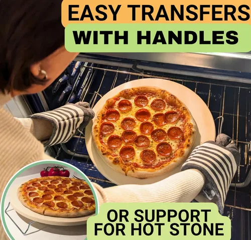 Miniatura 5 de Piedra redonda para pizza para horno de 16 pulgadas, piedra grande para pizza con asas, cáscara de pizza de metal, cortador de pizza y herramienta
