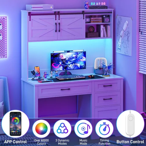Miniatura 6 de Escritorio ejecutivo de granja de 67 pulgadas de alto con gabinete, mesa de oficina con luz LED y 4 cajones, escritorio para computadora