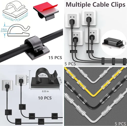 Miniatura 5 de ELII Kit de gestión de cables de 328 piezas, 8 soportes magnéticos para cables, 69 clips adhesivos para cables, 4 fundas para cables divididas, 22