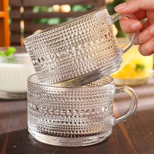 Miniatura 8 de Juego de Tazas de Café de Vidrio Clásico de 4, Tazas de Café de Vidrio Grabadas de 14 Onzas, Tazas de Café Apilables para Cereal, Yogur, Café