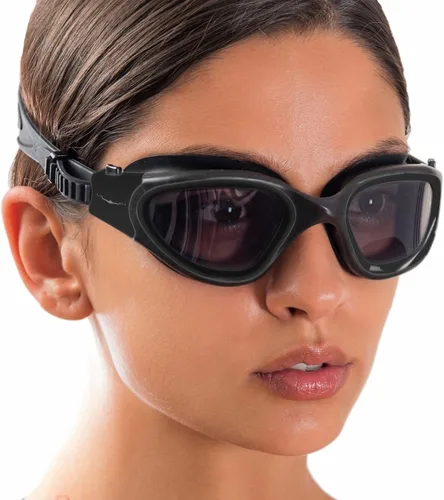AqtivAqua DX - Gafas de natación con visión amplia para adultos, hombres y mujeres, antiempañamiento y sin fugas Gafas negras + funda plateada