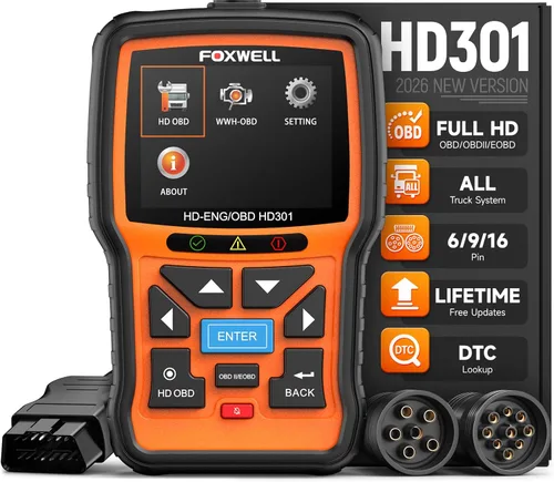 FOXWELL Escáner de camión resistente HD301, herramienta de escaneo diesel de sistema completo con 6/9/16 pines, lector de código 2 en 1 para