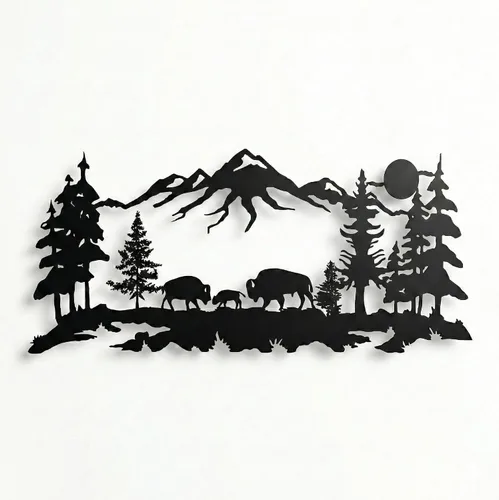 Miniatura 10 de DEKADRON Arte de pared de metal, decoración familiar de bisonte de metal, arte de pared natural, decoración de bisonte, montaña y árbol, decoración