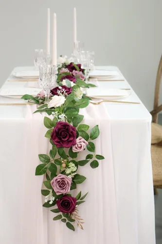 Miniatura 5 de PONATIA Guirnalda de Rosas Artificiales de Color Borgoña de 5 Pies Hecha a Mano, Flores Rosa Empolvado para Ceremonia de Boda, Guirnaldas de Telón