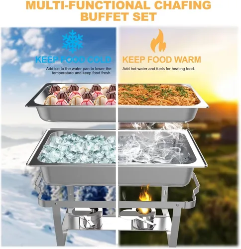 Miniatura 2 de Festa Essential Juego de 4 Platos de Roce para Buffet de Acero Inoxidable 5 QT Redondos y 8 QT Rectangulares, Calentadores de Alimentos con Bandeja