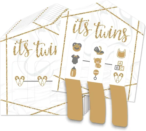 Big Dot of Happiness It's Twins - Juego de 12 tarjetas Gold Twins para baby shower, pestañas de tracción 3 en una fila