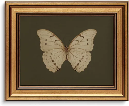 Arte de pared enmarcado en oro, arte de pared de lienzo vintage con mariposas, arte melancólico de insectos con mariposas blancas, impresiones de