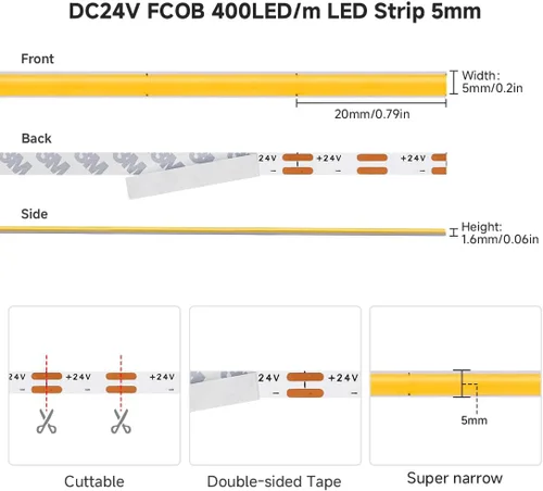Miniatura 3 de 5mm COB LED Strip Light DC24V Narrow Thin Flexible High Density Uniform 3000K Warm White Cob Strips 400leds/m 16.4FT Dimmable CRI 90+ LED Tape
