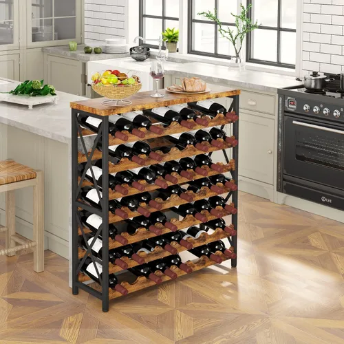 Miniatura 3 de Homeiju Estante de vino para 56 botellas, estante independiente de madera, estante de almacenamiento de vino apilable con mesa para sala de estar