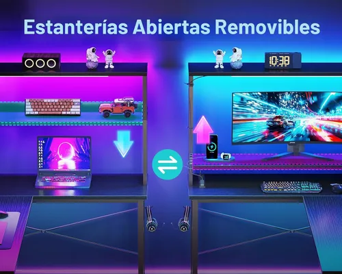 Miniatura 5 de AODK Escritorio en forma de L para juegos con luz LED y toma de corriente, mesa de computadora reversible en forma de L de 53 pulgadas con estante