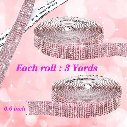 Miniatura 2 de Tiras autoadhesivas de diamantes de imitación rosas, 3 yardas con diamantes de imitación de 0.079 pulgadas para decoración de automóviles