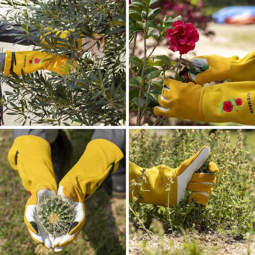 Miniatura 7 de Guantes de jardín para mujeres/hombres, a prueba de espinas, gamuza de piel de ciervo, 2 capas de cuero para poda de rosas, guantes largos