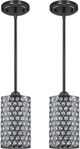 Paquete de 2 lámparas colgantes de cristal para isla de cocina, moderna y concisa, acabado negro con pantalla de metal de placa de cristal para bar,