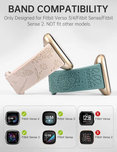Miniatura 3 de Minyee Paquete de 2 correas grabadas florales compatibles con Fitbit Versa 4/Versa 3/Sense 2/Sense Band para mujer, lindo diseño de girasol