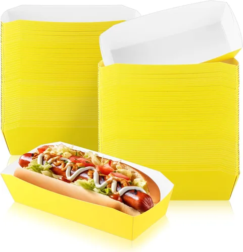 Miniatura 7 de Yeaqee 100 bandejas de papel de 7 pulgadas desechables para perros calientes, alimentos, nachos, botes para perros calientes, platos de comida Negro