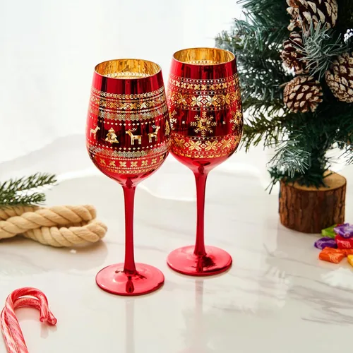 Miniatura 3 de Copas de cristal para vino y agua para árbol de Navidad, juego de 2 unidades, diseño temático rojo y dorado grabado con nieve de invierno, vidrio