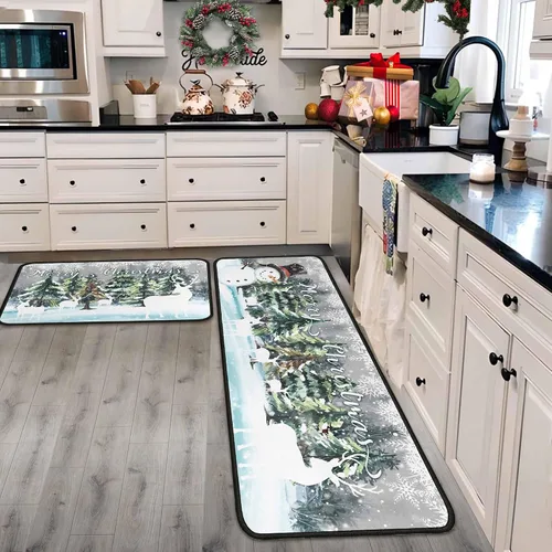 Juego de 2 tapetes de cocina verdes de Navidad, decoración de Navidad antideslizante, ciervo, muñeco de nieve, alfombras de cocina de invierno,