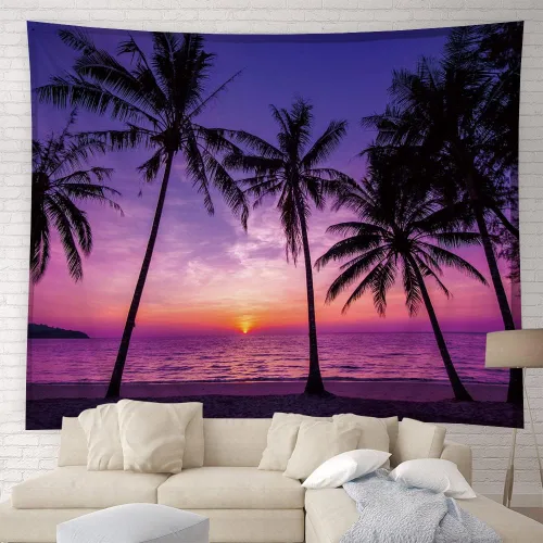 YSATNSFT Tapiz con diseño de puesta de sol tropical, playa, palmera, cielo anochecer, Hawái, playa, naturaleza, paisaje marino, decoración del