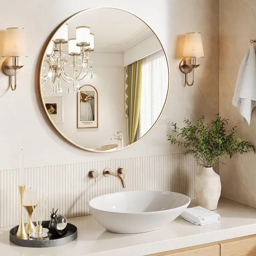 Miniatura 2 de Espejo redondo dorado de 30 pulgadas para pared, espejo de baño circular grande para sobre el fregadero, marco de metal dorado mate, vidrio