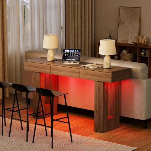 Miniatura 4 de PAKASEPT - Mesa de consola de 63 pulgadas con luces LED coloridas y 3 cajones, mesa de sofá rectangular de madera detrás del sofá, mesa de entrada