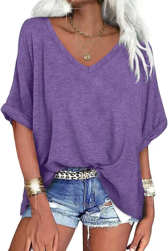 Miniatura 8 de UNCLECAT Camisetas de gran tamaño con cuello en V para mujer, camisas de manga corta de verano, holgadas, casuales