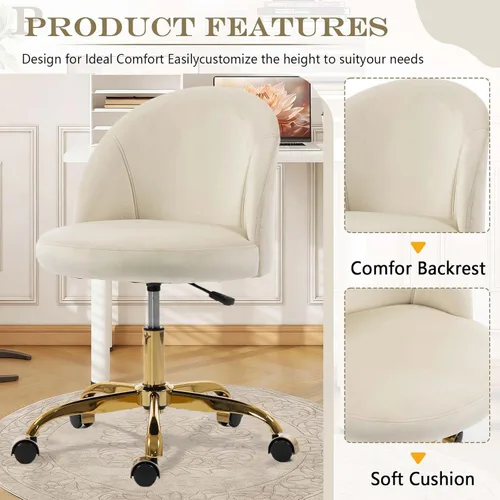 Miniatura 4 de Silla de tocador blanca y dorada con respaldo, silla pequeña para tocador, sillas de maquillaje giratorias de terciopelo y bonitas sillas déak