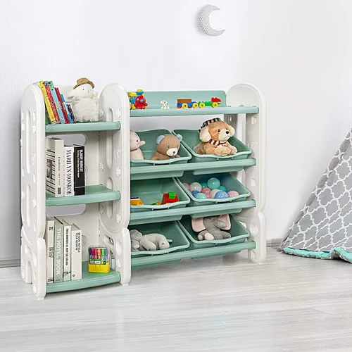 Miniatura 8 de HONEY JOY Organizador de almacenamiento de juguetes para niños de 4 niveles con 6 contenedores, unidad de almacenamiento de juguetes 2 en 1 con Verde