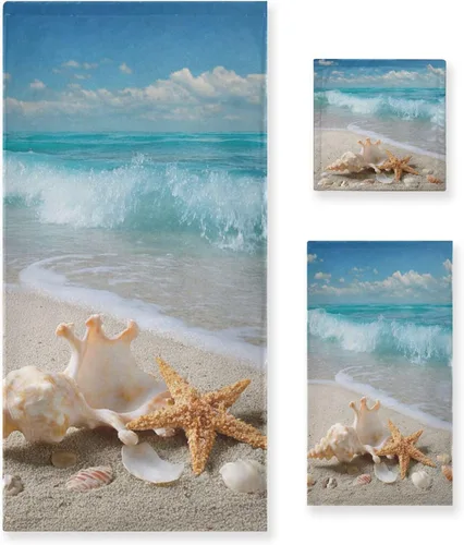 Vdsrup Juego de 3 toallas de mano con diseño de estrella de mar y océano de playa, toalla de baño de cielo azul, toalla suave y fina para invitados,