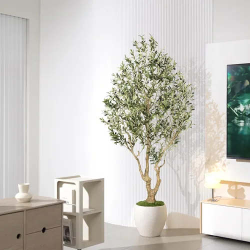 Miniatura 6 de FEELEAD Olivos artificiales para interiores de 7 pies, olivo sintético de 7 pies con tronco de aspecto natural, hojas realistas y frutas realistas