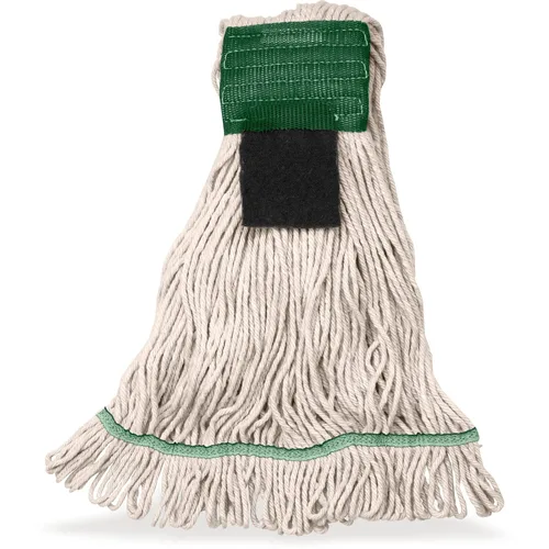 SPARTA Flo-Pac - Cabezal de trapeador acrílico, extremos de bucle, banda ancha con banda verde de 5 pulgadas con depurador para limpieza organizada,