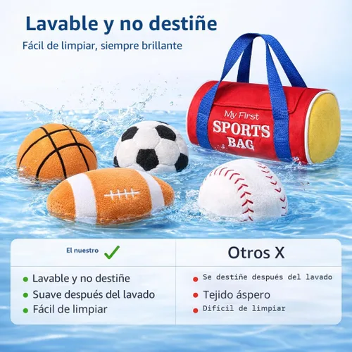 Miniatura 6 de KMUYSL Juguetes para bebés de 0 a 12 meses, mi primer bolso deportivo de peluche - 4 bolas sensoriales de juguetes suaves con crujido, sonajeros