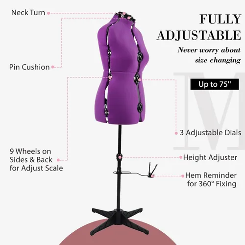 Miniatura 7 de Formularios de vestido para costura, maniquí femenino morado ajustable tamaño 12-18, cuerpo de modelo con 13 diales y guía de dobladillo de 360