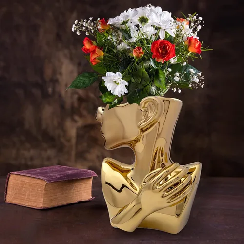 Miniatura 6 de GDYOOSHOW Jarrones faciales para flores, maceta de busto, jarrón de cerámica para exhibir joyas, color dorado, 9.84 pulgadas de alto, adecuado