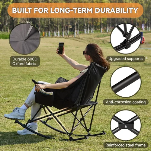 Miniatura 4 de Youtanic Silla mecedora plegable de gran tamaño, silla mecedora portátil acolchada con bolsillos, portavasos y bolsa de transporte, silla de patio