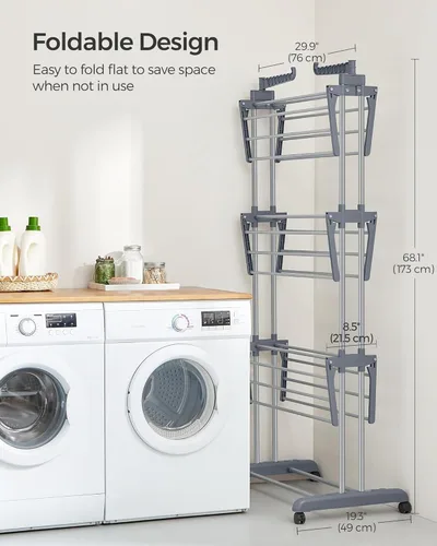 Miniatura 7 de SONGMICS Tendedero para Ropa de 4 Niveles, Tendedero Plegable para Secado de Ropa de 173 cm de Altura, Acero, Carrito para Secar Ropa, Fácil de Gris
