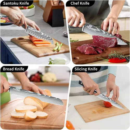 Miniatura 7 de MDHAND - Juego de cuchillos de chef profesional con bolsa enrollable, juego de 9 cuchillos de cocina japoneses con afilador, cuchillos de cocina