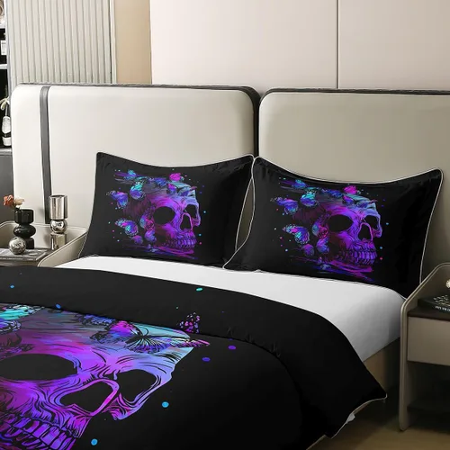 Miniatura 4 de Erosebridal Juego de funda de edredón 100% algodón con diseño de calavera morada, diseño de mariposa psicodélica retro, funda de edredón gótica