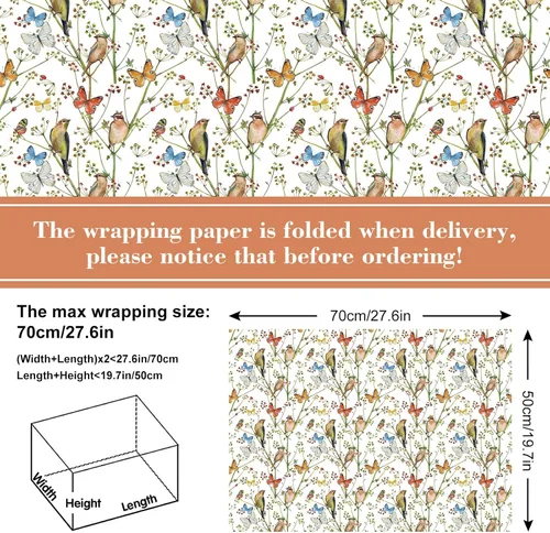 Miniatura 2 de AnyDesign 6 hojas de papel de regalo de pájaros, no enrollado, papel de regalo de flores de mariposa de acuarela, papel de arte decorativo plano