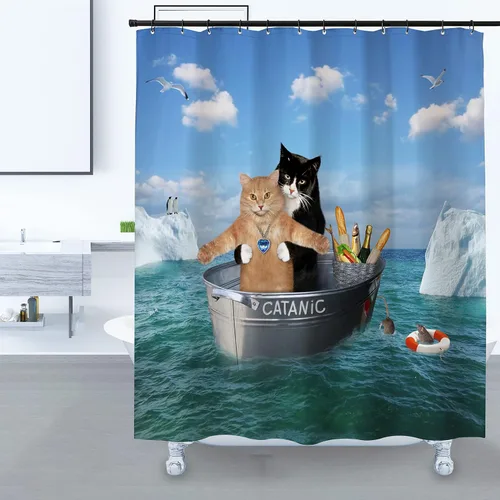 Domoku Cortina de ducha de gato con diseño divertido de cosplay de gatito en pareja en el océano, cortinas de baño para gatos lindas y divertidas,