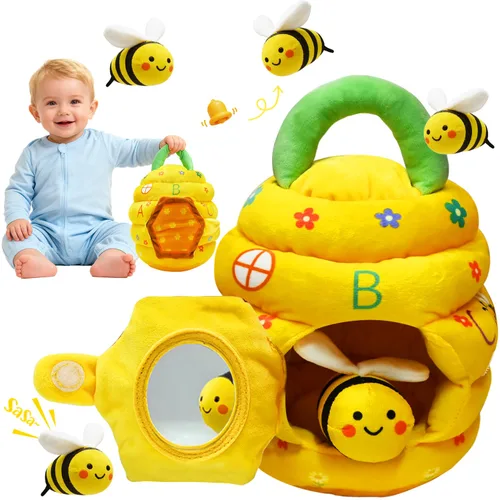 Juguetes para bebés de 6 a 12 meses, juguetes Montessori de colmena para niños de 1 año con 5 abejas sensoriales de peluche, arrugados, sonajeros,
