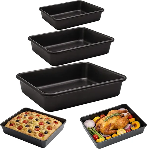 Juego de 3 bandejas para asar, juego de bandejas antiadherentes para hornear, utensilios rectangulares para horno, revestimiento no tóxico y calidad