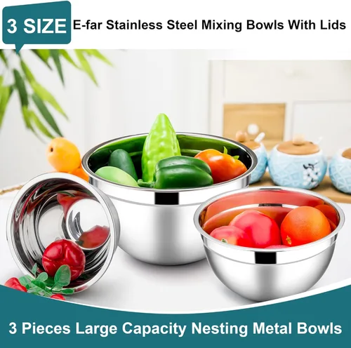 Miniatura 3 de E-far Tazones para mezclar con tapas, juego de 6 piezas de tazones para ensalada de acero inoxidable, tazones de metal anidables para hornear, Azul