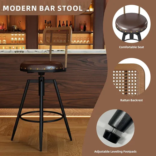 Miniatura 4 de Taburete de bar giratorio ajustable de 42 pulgadas con respaldo, taburetes rústicos de altura de bar, silla de bar de 360 grados para comedor, isla