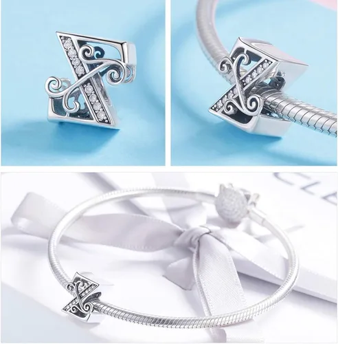 Miniatura 2 de Lorrifal Alphabet Initial Charms Letter Complete A-Z Letters Solid 925 Sterling Silver Cubic Zircons Beads Dangle Pendants for Pandora European