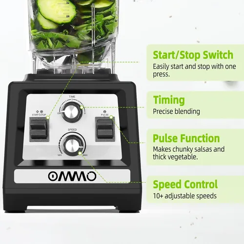 Miniatura 12 de OMMO Licuadora para batidos: Licuadoras de pico de 1800 W para cocina, jarra sin BPA de 68 onzas, temporizador y control de velocidad, 6 cuchillas