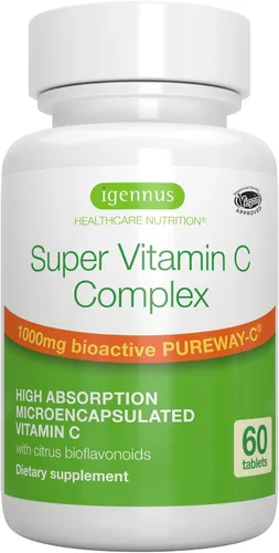 Igennus - Súper vitamina C de alta absorción, etiqueta limpia Pureway-C de 1000 mg, vitamina C vegana con bioflavonoides, 60 porciones, acción las