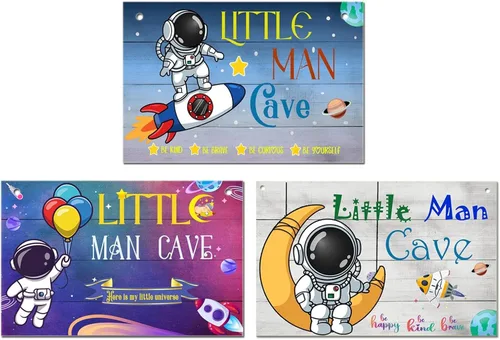 JNFEUI Cartel de madera de la cueva del hombre pequeño del espacio de astronauta, decoración de la habitación del bebé, decoración de pared colgante