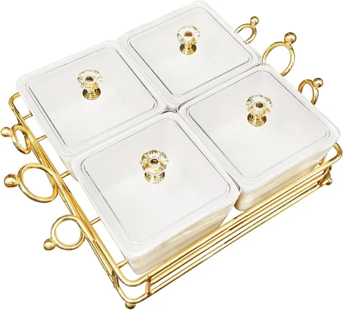 Miniatura 11 de YA JU Cuencos de cerámica y con tapa, bandejas doradas, 6 cuencos pequeños extraíbles, bandejas para condimentos, juego de frutos secos, para Blanco