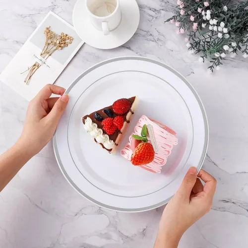 Miniatura 3 de BESTVIP 100 platos de plástico plateados, platos desechables de 10.25 pulgadas para fiesta con borde plateado para Navidad, Acción de Gracias